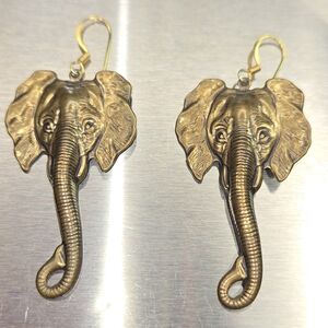 Elephant Head Brass Earrings Boho Animal Print 2 Inch